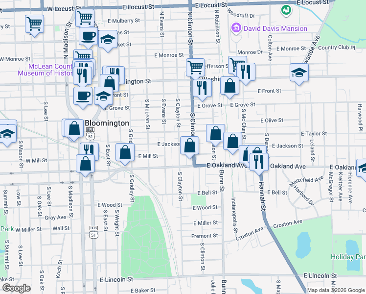 map of restaurants, bars, coffee shops, grocery stores, and more near 502 South Clayton Street in Bloomington