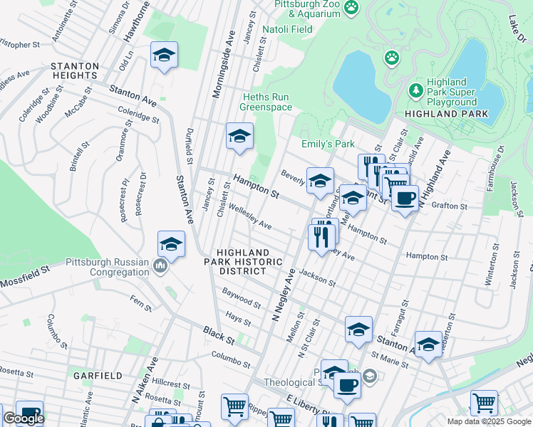map of restaurants, bars, coffee shops, grocery stores, and more near 1035 King Avenue in Pittsburgh