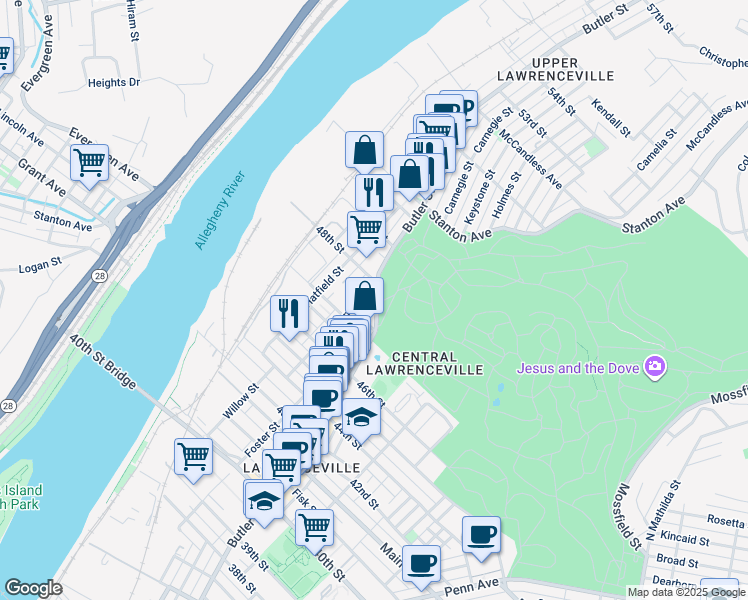 map of restaurants, bars, coffee shops, grocery stores, and more near in Pittsburgh