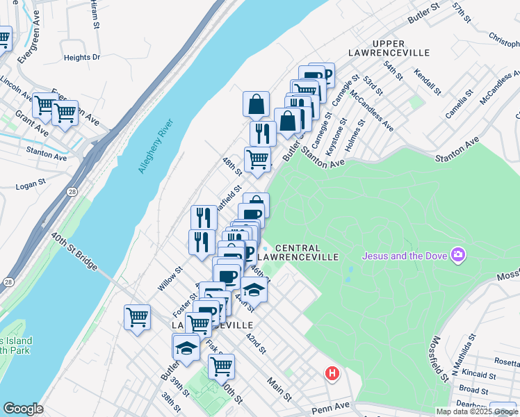 map of restaurants, bars, coffee shops, grocery stores, and more near in Pittsburgh