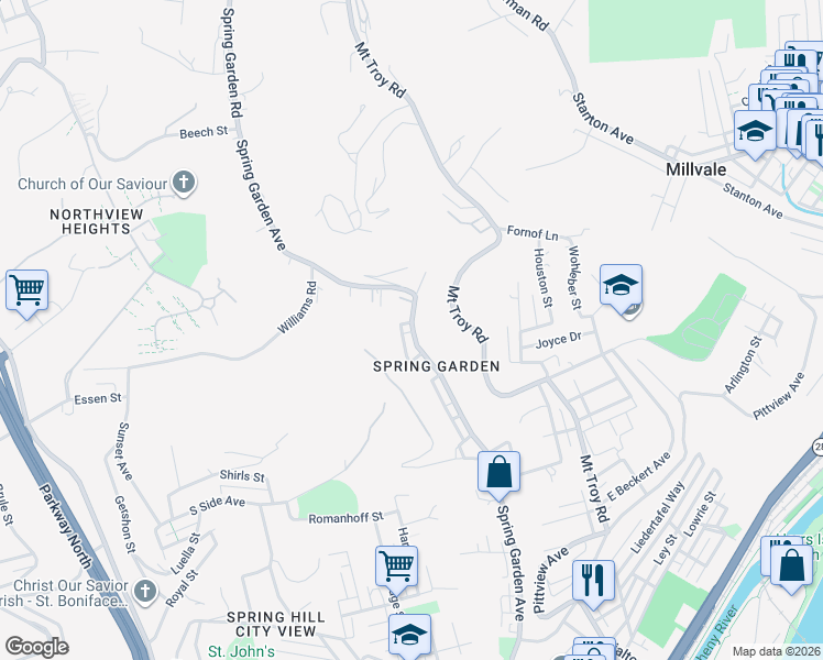 map of restaurants, bars, coffee shops, grocery stores, and more near 2819 Spring Garden Avenue in Pittsburgh