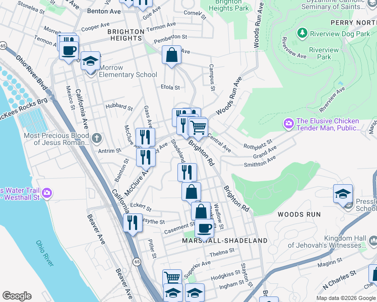 map of restaurants, bars, coffee shops, grocery stores, and more near 3222 Brighton Road in Pittsburgh