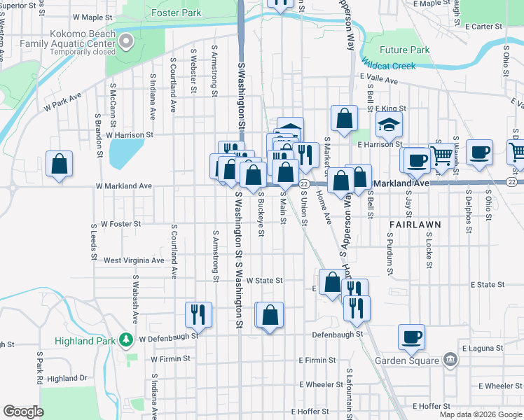 map of restaurants, bars, coffee shops, grocery stores, and more near 211 West Markland Avenue in Kokomo