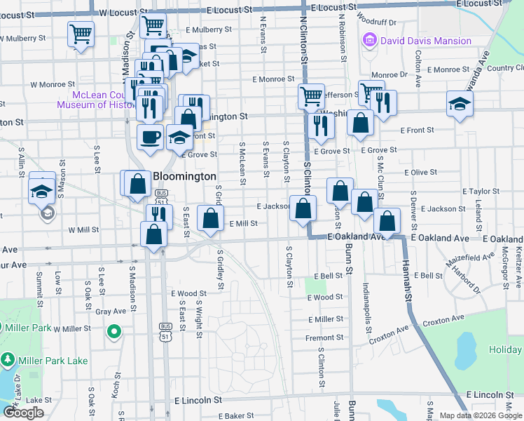 map of restaurants, bars, coffee shops, grocery stores, and more near 507 East Taylor Street in Bloomington