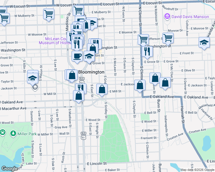 map of restaurants, bars, coffee shops, grocery stores, and more near 409 East Taylor Street in Bloomington