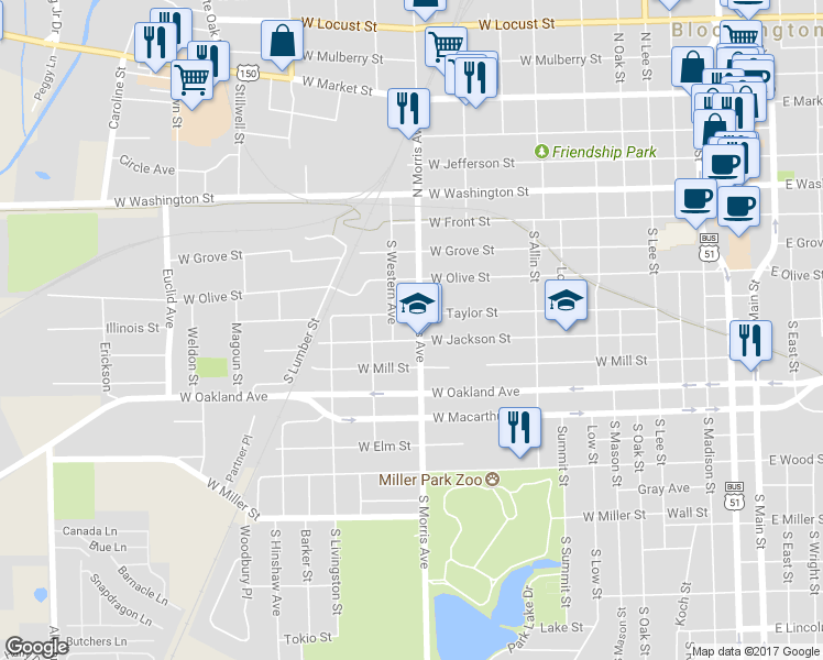 map of restaurants, bars, coffee shops, grocery stores, and more near 308 South Western Avenue in Bloomington