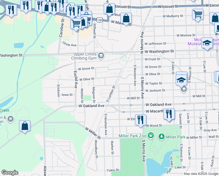 map of restaurants, bars, coffee shops, grocery stores, and more near 107 Packard Street in Bloomington