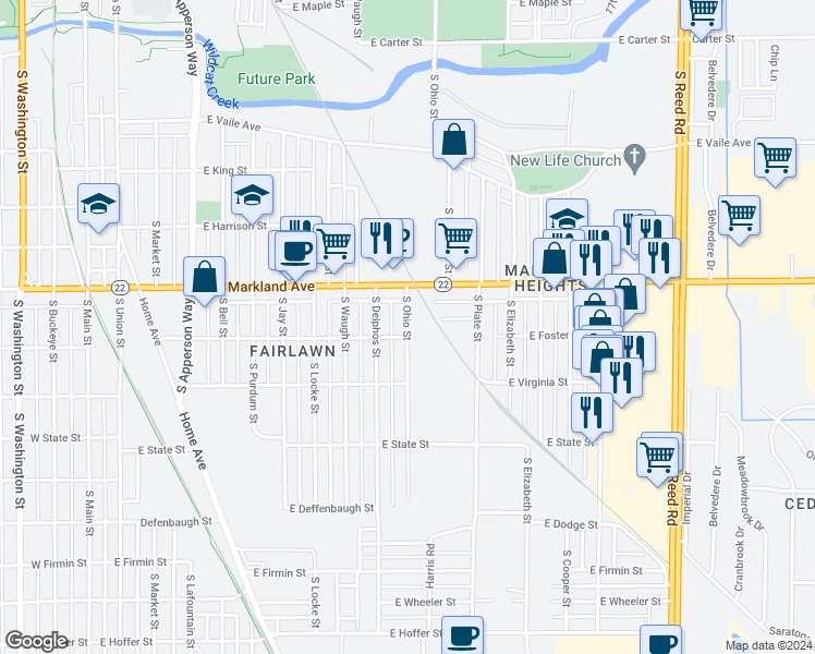 map of restaurants, bars, coffee shops, grocery stores, and more near 1126 South Ohio Street in Kokomo