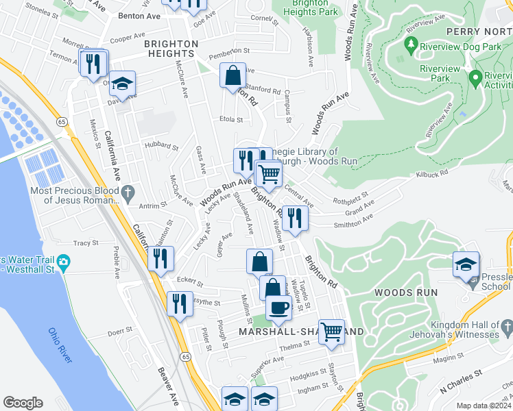 map of restaurants, bars, coffee shops, grocery stores, and more near 3222 Brighton Road in Pittsburgh