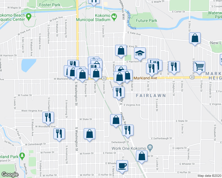map of restaurants, bars, coffee shops, grocery stores, and more near 1035 Home Avenue in Kokomo