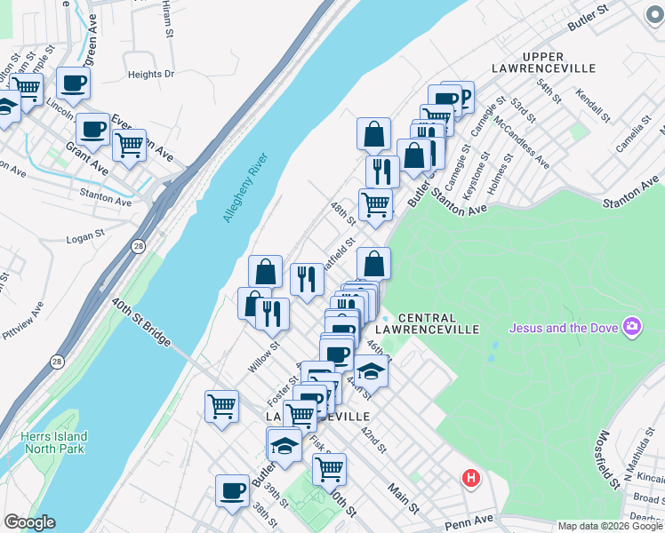 map of restaurants, bars, coffee shops, grocery stores, and more near 4642 Hatfield Street in Pittsburgh