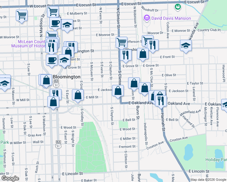 map of restaurants, bars, coffee shops, grocery stores, and more near 502 South Clayton Street in Bloomington