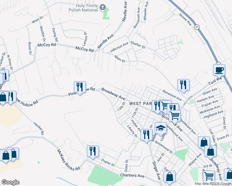 map of restaurants, bars, coffee shops, grocery stores, and more near 1406 Woodward Avenue in McKees Rocks