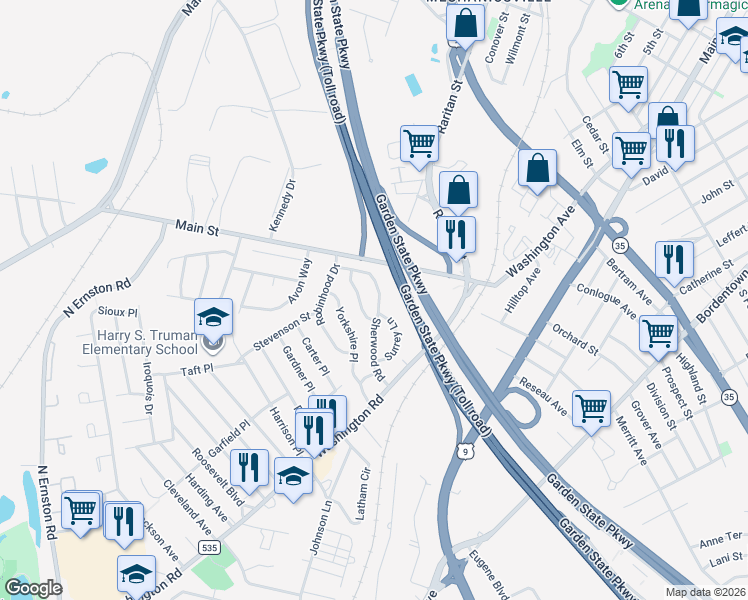 map of restaurants, bars, coffee shops, grocery stores, and more near 29 Sherwood Road in Sayreville