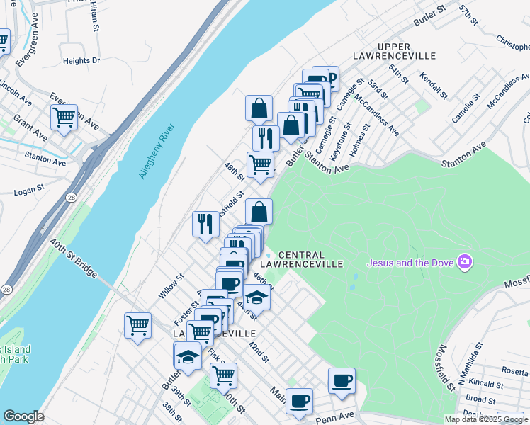 map of restaurants, bars, coffee shops, grocery stores, and more near in Pittsburgh