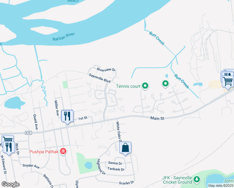 map of restaurants, bars, coffee shops, grocery stores, and more near 9 Chesterfield Way in Sayreville