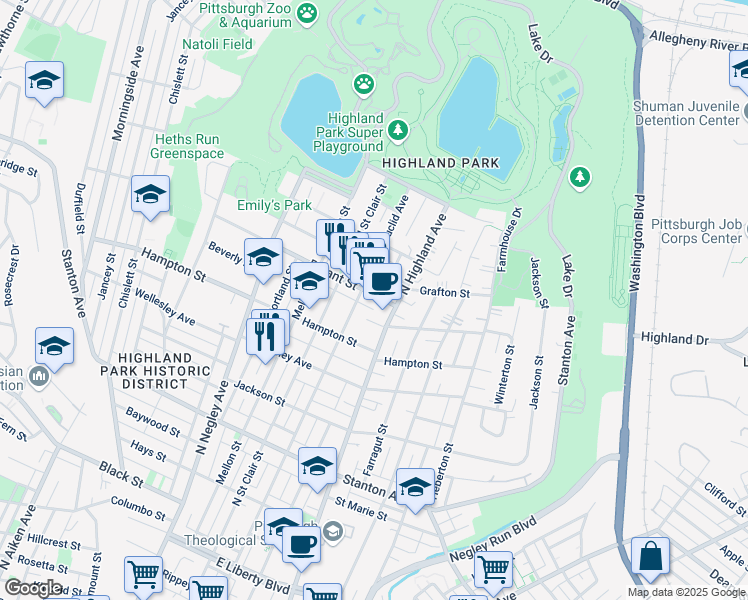 map of restaurants, bars, coffee shops, grocery stores, and more near 5823 Bryant Street in Pittsburgh