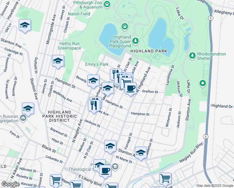 map of restaurants, bars, coffee shops, grocery stores, and more near 1136 Mellon Street in Pittsburgh