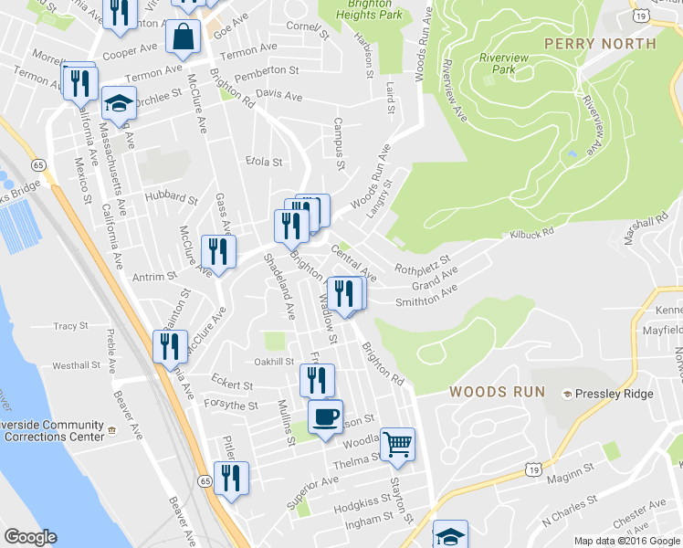 map of restaurants, bars, coffee shops, grocery stores, and more near 3257 Central Avenue in Pittsburgh