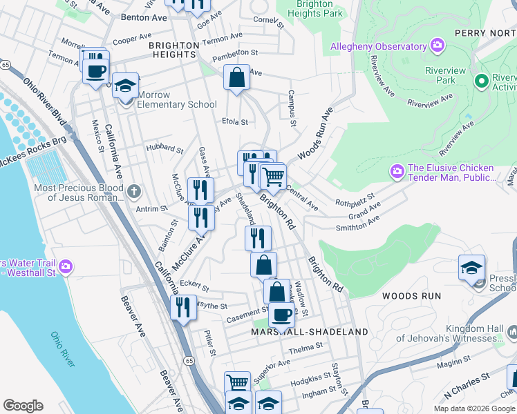 map of restaurants, bars, coffee shops, grocery stores, and more near 3222 Brighton Road in Pittsburgh