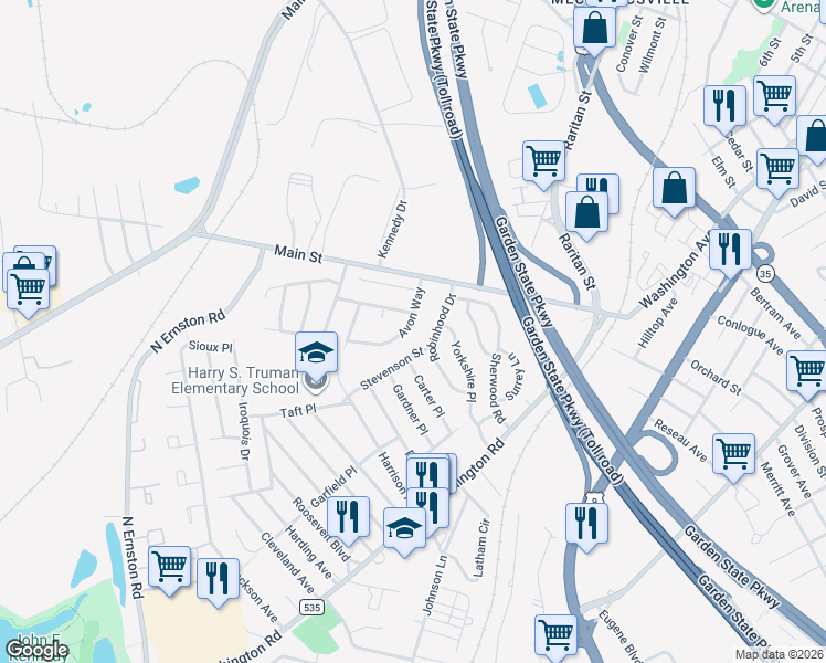 map of restaurants, bars, coffee shops, grocery stores, and more near 2 Nottingham Drive in Sayreville