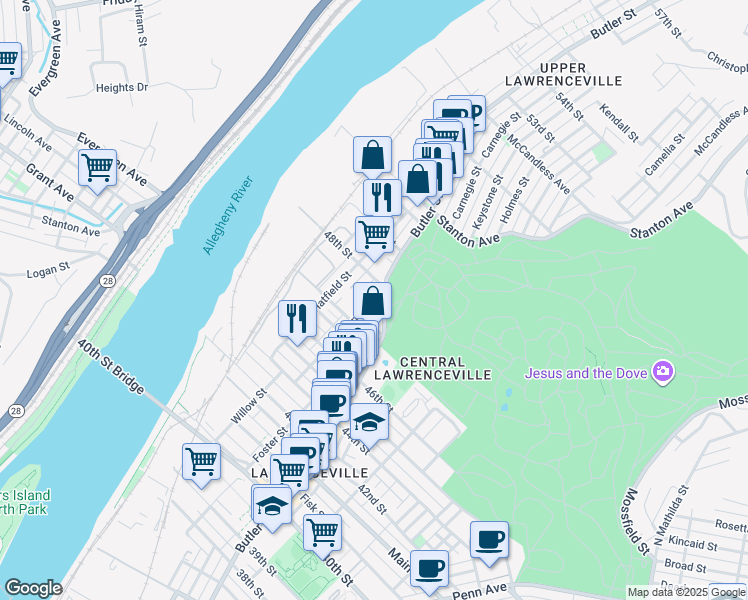 map of restaurants, bars, coffee shops, grocery stores, and more near in Pittsburgh