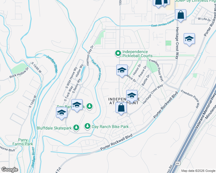 map of restaurants, bars, coffee shops, grocery stores, and more near 1052 West Valor Court in Bluffdale