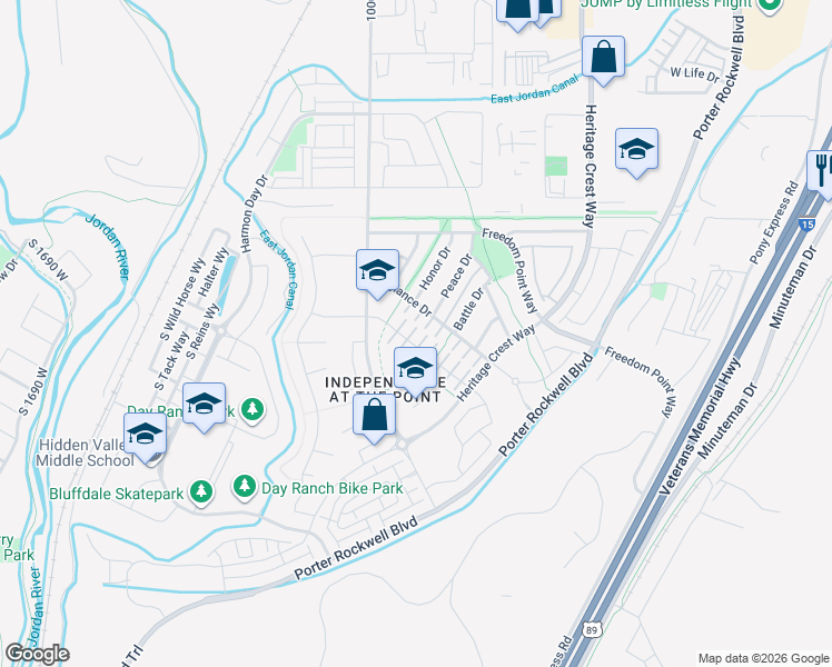 map of restaurants, bars, coffee shops, grocery stores, and more near 15157 Revolution Lane in Bluffdale
