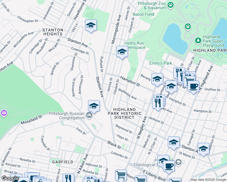 map of restaurants, bars, coffee shops, grocery stores, and more near 5309 Wellesley Avenue in Pittsburgh
