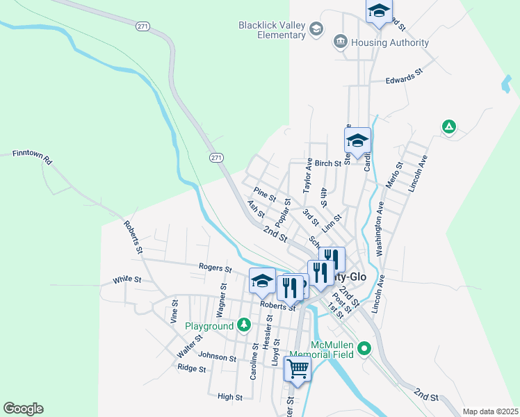 map of restaurants, bars, coffee shops, grocery stores, and more near 1400-1498 Penn Street in Nanty-Glo