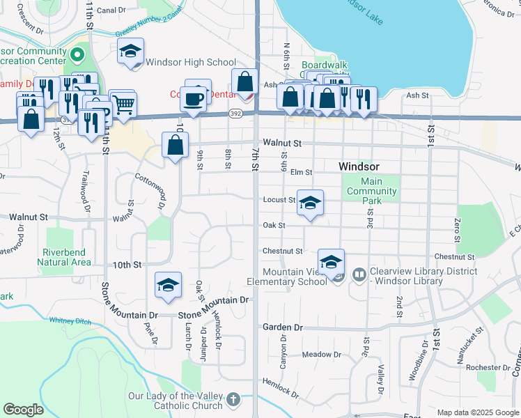 map of restaurants, bars, coffee shops, grocery stores, and more near 614 Locust Street in Windsor
