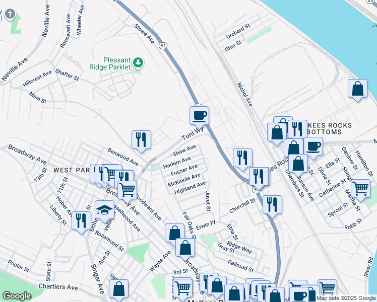 map of restaurants, bars, coffee shops, grocery stores, and more near 27 Tunnel Way in McKees Rocks