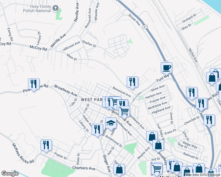 map of restaurants, bars, coffee shops, grocery stores, and more near 838 Benwood Avenue in McKees Rocks