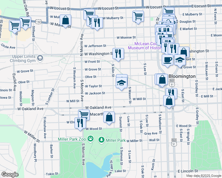 map of restaurants, bars, coffee shops, grocery stores, and more near 903 West Taylor Street in Bloomington
