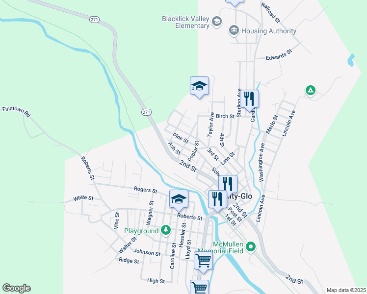 map of restaurants, bars, coffee shops, grocery stores, and more near 1400 Penn Street in Nanty-Glo