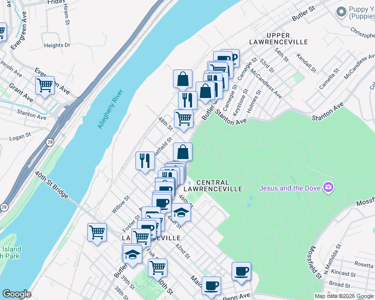 map of restaurants, bars, coffee shops, grocery stores, and more near in Pittsburgh