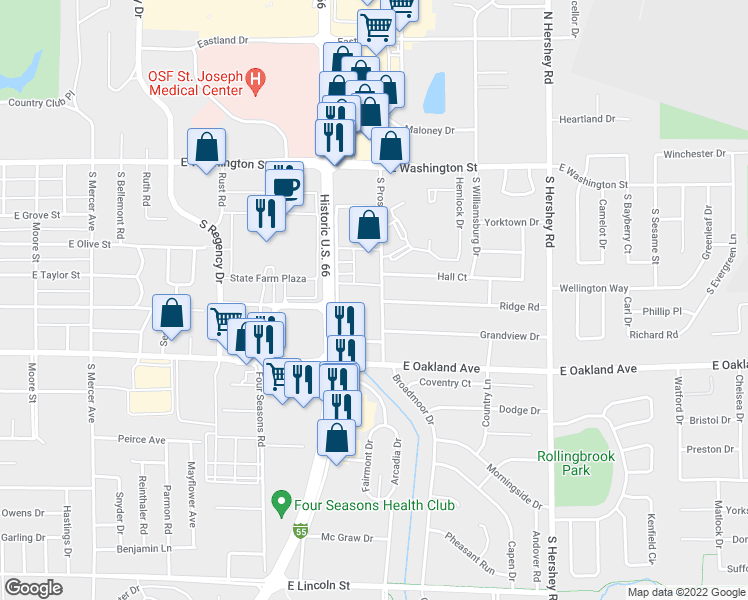 map of restaurants, bars, coffee shops, grocery stores, and more near 305 South Prospect Road in Bloomington