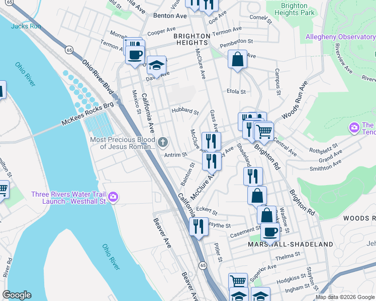 map of restaurants, bars, coffee shops, grocery stores, and more near 3316 Savoy Street in Pittsburgh