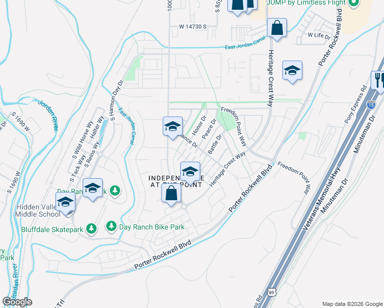 map of restaurants, bars, coffee shops, grocery stores, and more near 15181 South Saber Place in Bluffdale