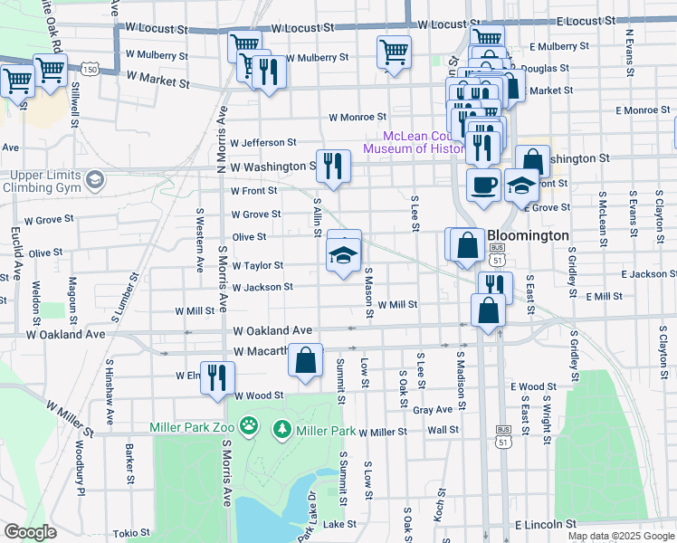 map of restaurants, bars, coffee shops, grocery stores, and more near 714 West Taylor Street in Bloomington