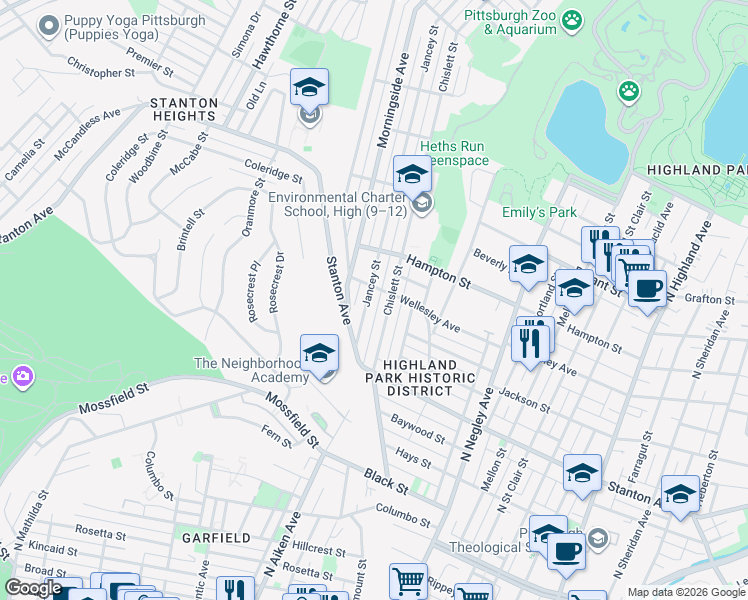 map of restaurants, bars, coffee shops, grocery stores, and more near 5309 Wellesley Avenue in Pittsburgh