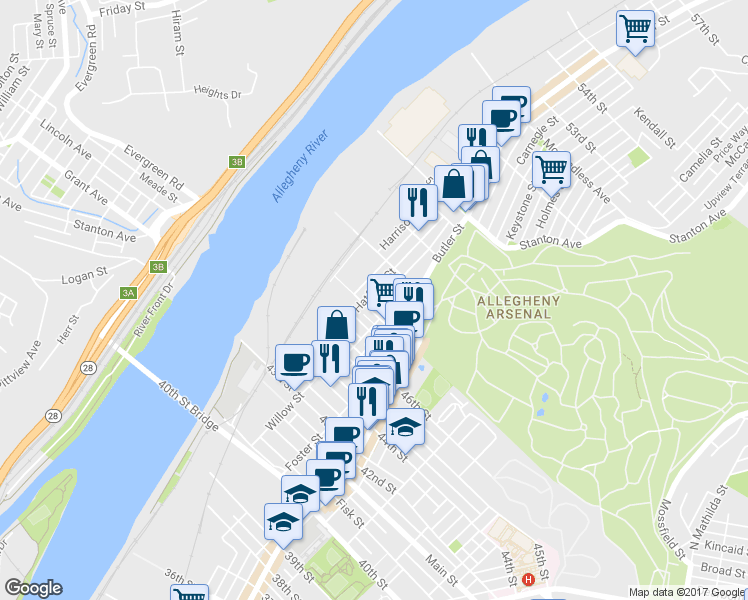 map of restaurants, bars, coffee shops, grocery stores, and more near 4745 Modoc Way in Pittsburgh