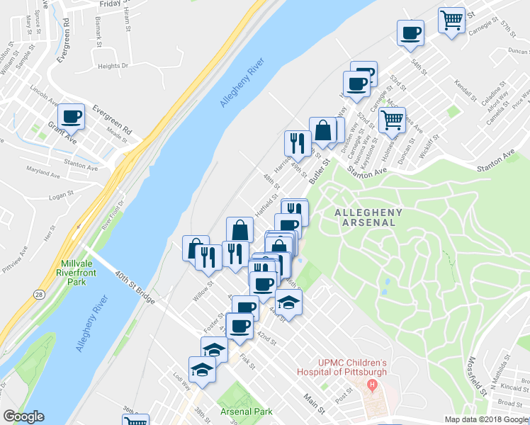 map of restaurants, bars, coffee shops, grocery stores, and more near 117 47th Street in Pittsburgh