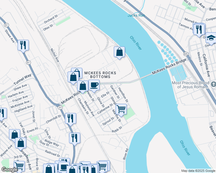 map of restaurants, bars, coffee shops, grocery stores, and more near 415 Gardner Street in McKees Rocks