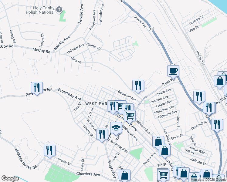 map of restaurants, bars, coffee shops, grocery stores, and more near 919 Benwood Avenue in McKees Rocks