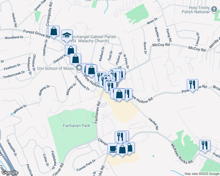map of restaurants, bars, coffee shops, grocery stores, and more near 500 Pine Hollow Road in McKees Rocks
