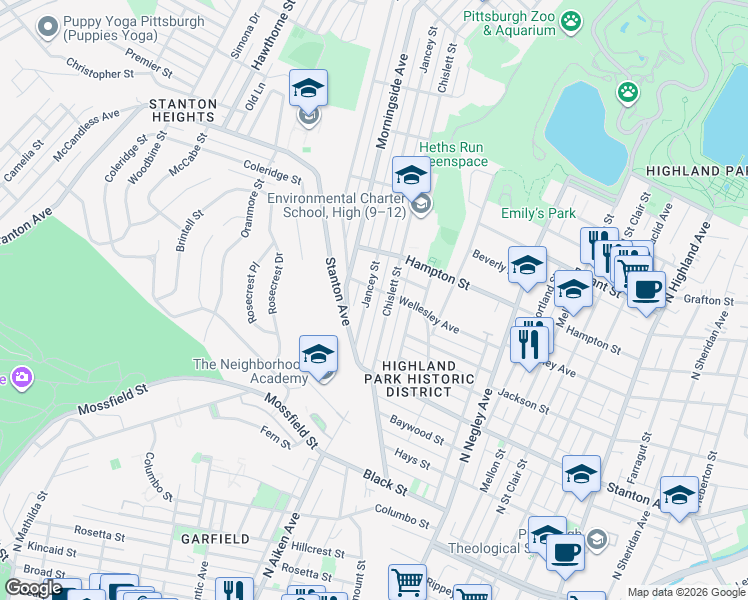 map of restaurants, bars, coffee shops, grocery stores, and more near 5309 Wellesley Avenue in Pittsburgh