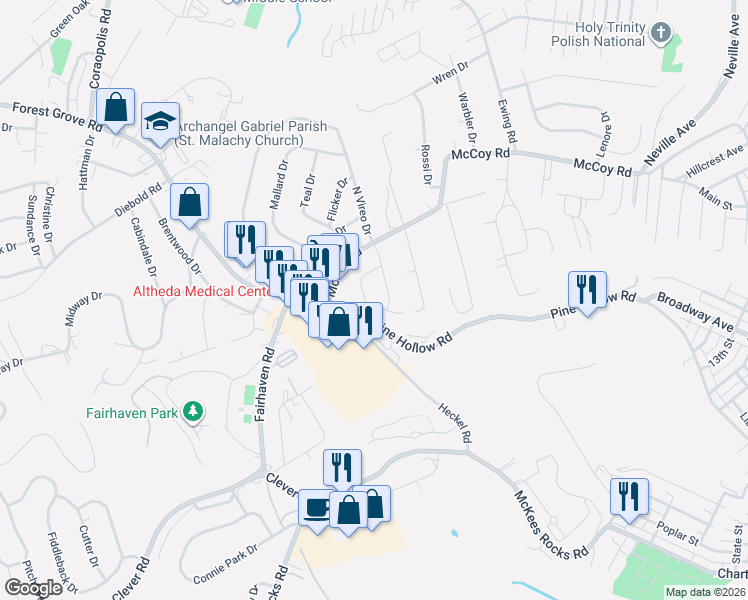 map of restaurants, bars, coffee shops, grocery stores, and more near 37 Tanager Drive in McKees Rocks