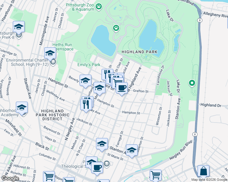 map of restaurants, bars, coffee shops, grocery stores, and more near 5823 Bryant Street in Pittsburgh