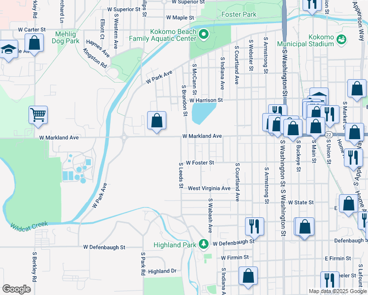 map of restaurants, bars, coffee shops, grocery stores, and more near 1018 South Leeds Street in Kokomo